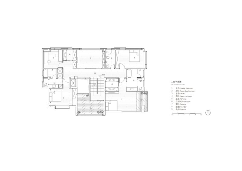 Second floor plan drawing showing bedroom layout with central staircase and textured terrace area