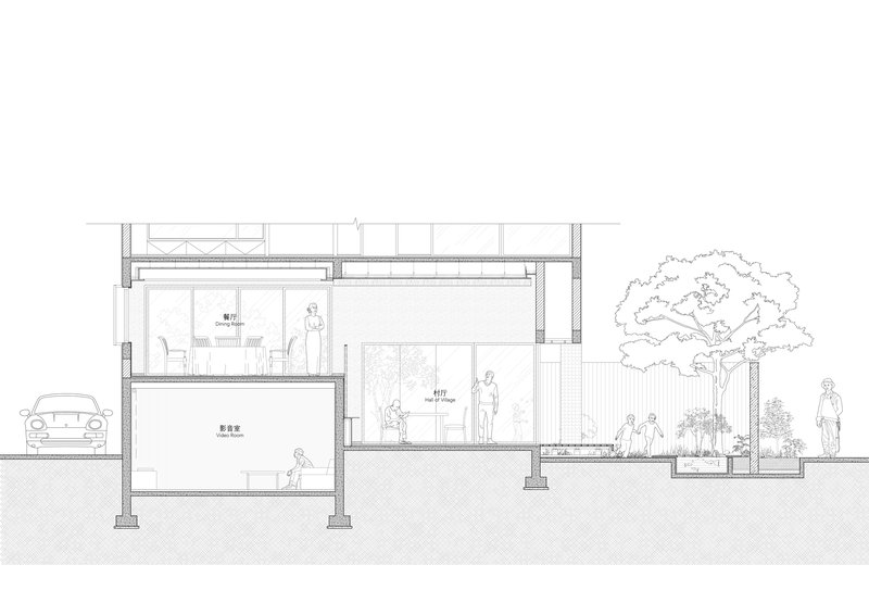 Section drawing depicting multilevel interior volumes with figures, a car, and a large tree on the right