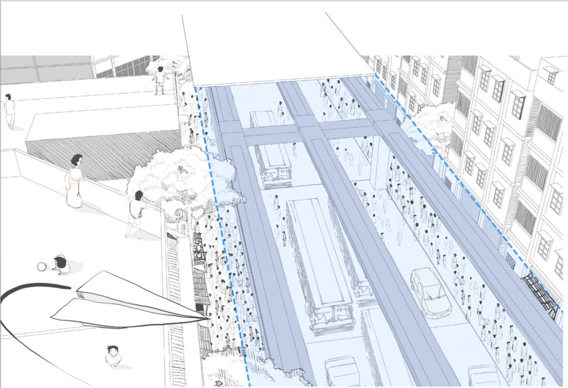 Modular seating transforms the elevated structure into an active social space for rest and community interaction.