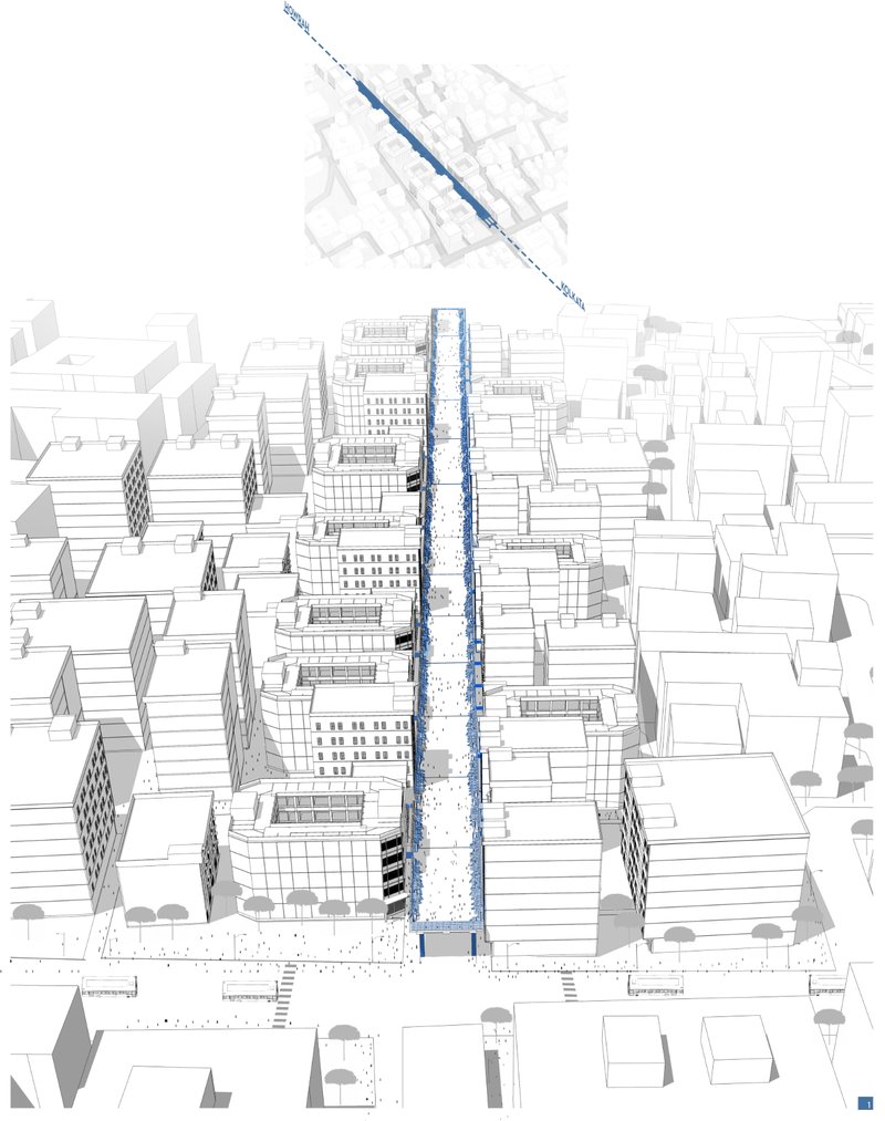 Sectional detailing shows lightweight connections linking adjacent buildings with the reused elevated structure.