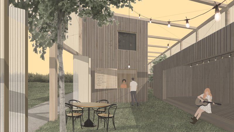 Timber coffee stage opens into a green courtyard, where barista service, public seating, and performance space merge.