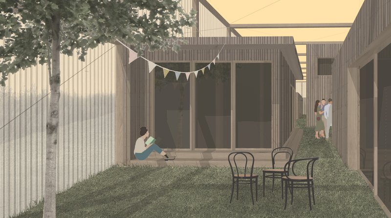A quiet courtyard view frames the roastery and shop as warm timber volumes within a translucent shell.