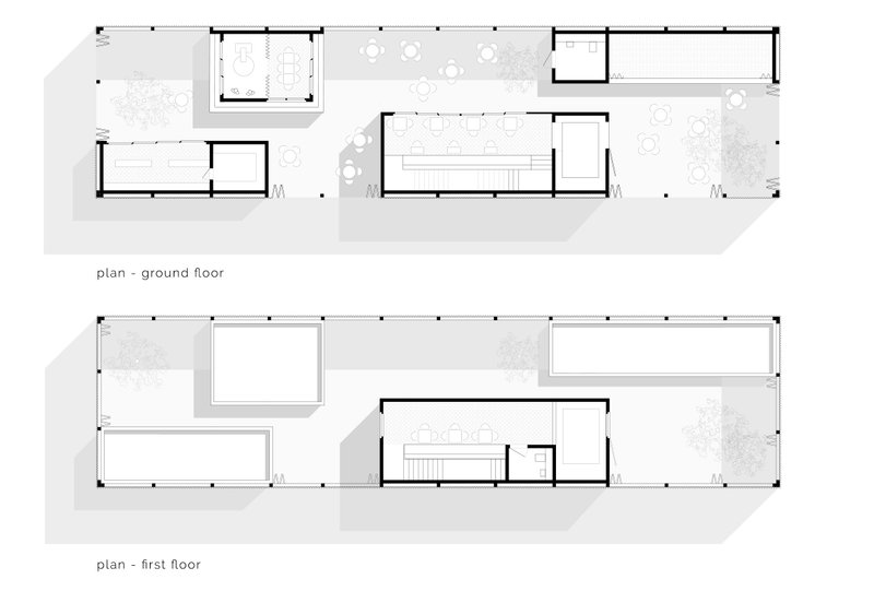 Ground and first floor plans show the café’s staged sequence of roastery, seating, shop, yards, and public platform.