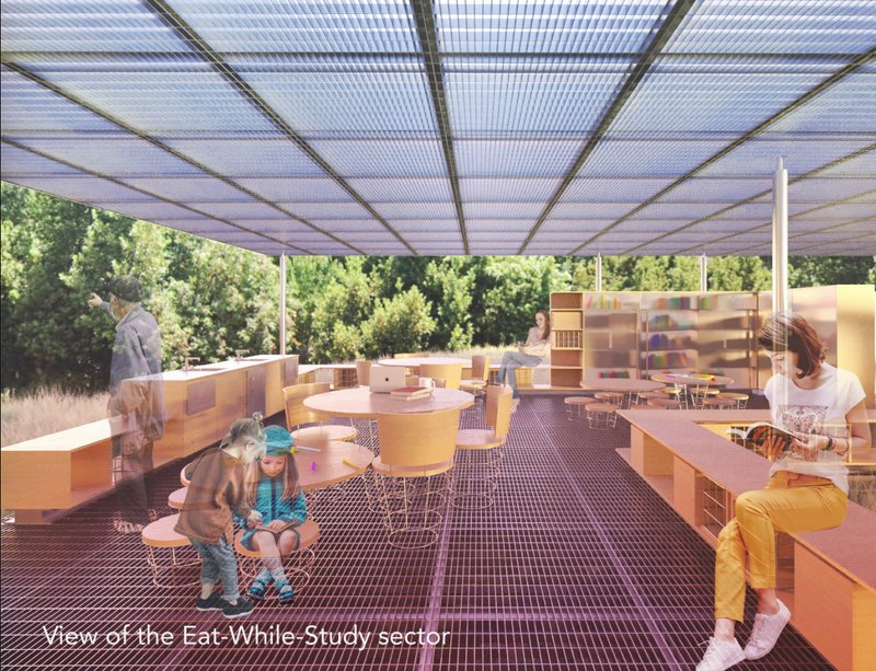 The eat-while-study area combines reading, dining, and collaborative community use.