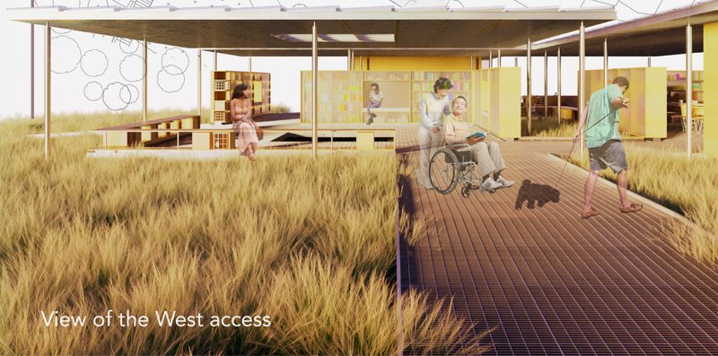 West access opening the library to landscape, community, and inclusive movement.