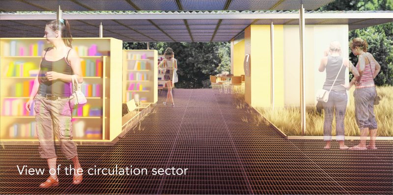 Open circulation connects bookshelves, social spaces, and the surrounding natural setting.