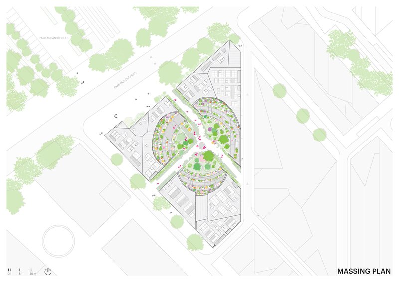 Massing plan drawing showing two curved building volumes embracing a landscaped courtyard with circular planting patterns
