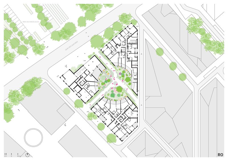 Ground floor plan showing residential units arranged around a central courtyard with trees and planted areas