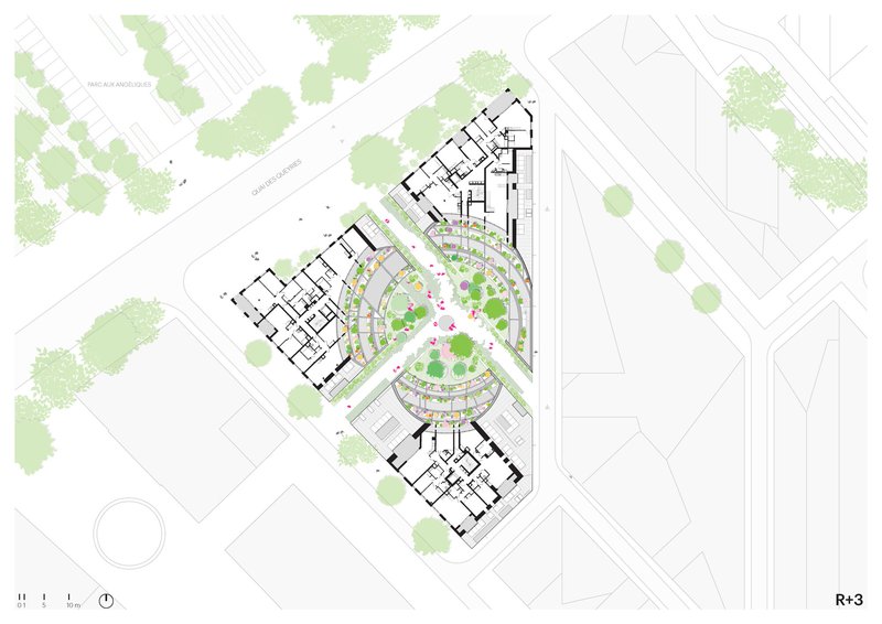 Upper floor plan showing residential units flanking a landscaped courtyard with terraced planting and circulation paths