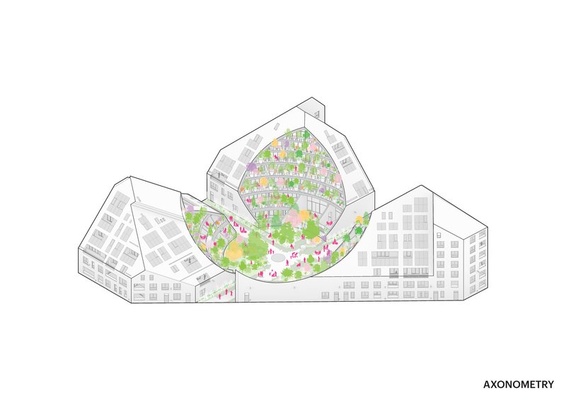 Axonometric drawing showing three connected volumes with a central courtyard filled with trees and landscaping