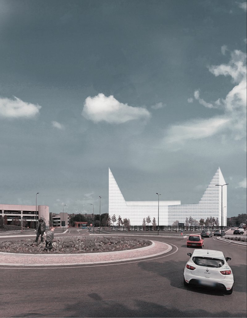 The building responds to the road layout while creating a striking identity on the suburban edge of Milan.