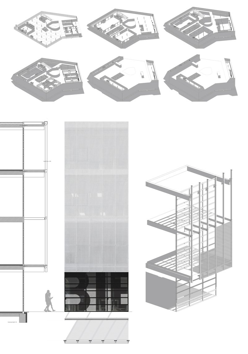 Technical diagrams reveal the layered floor organization, façade system, and structural logic of Fashion-Hub.