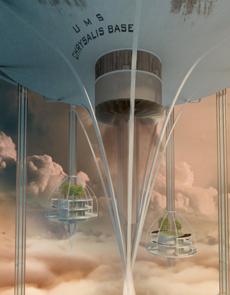 Chrysalis Base floats above the clouds, carrying life pods and ecological systems for humanity’s return to Earth.