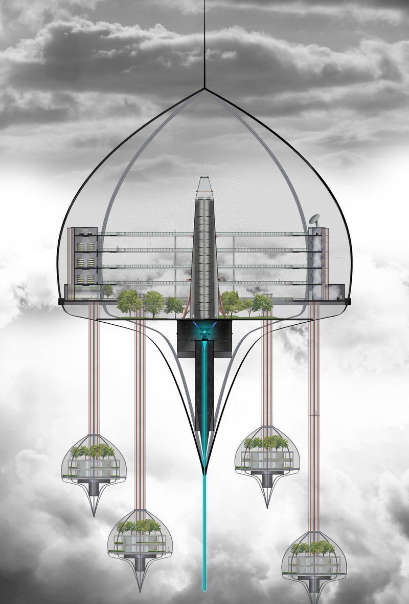 A sectional view reveals the suspended base, central reactor, green zones, and living pods within the floating structure