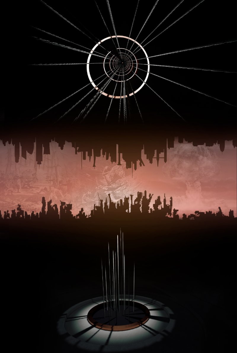 A dramatic conceptual view frames the destroyed Earth below and the suspended base as a beacon of survival.