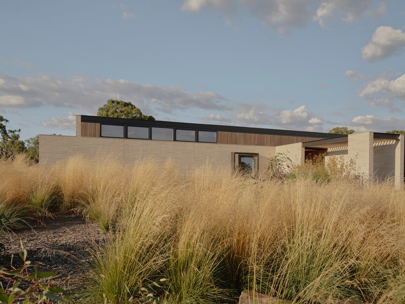 Horizontal timber and masonry facade with clerestory windows set within dry golden grassland