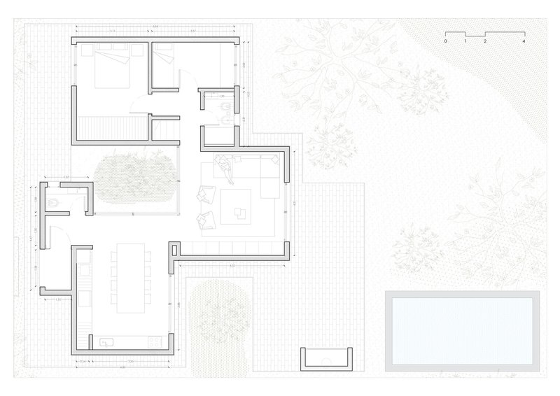 Floor plan drawing showing interconnected rooms with courtyards and a swimming pool