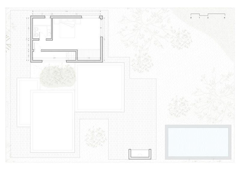 Floor plan drawing showing upper level with bedrooms and terraces surrounded by vegetation