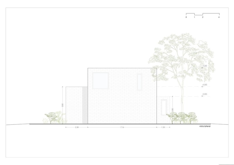 Elevation drawing showing brick facade with horizontal banding and flanking vegetation
