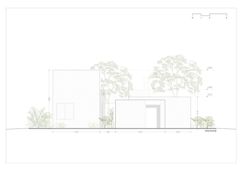 Elevation drawing showing brick volumes at varying heights with surrounding trees and planted shrubs