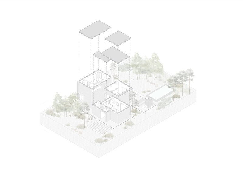 Axonometric drawing showing interconnected volumes with courtyards and surrounding tree canopy