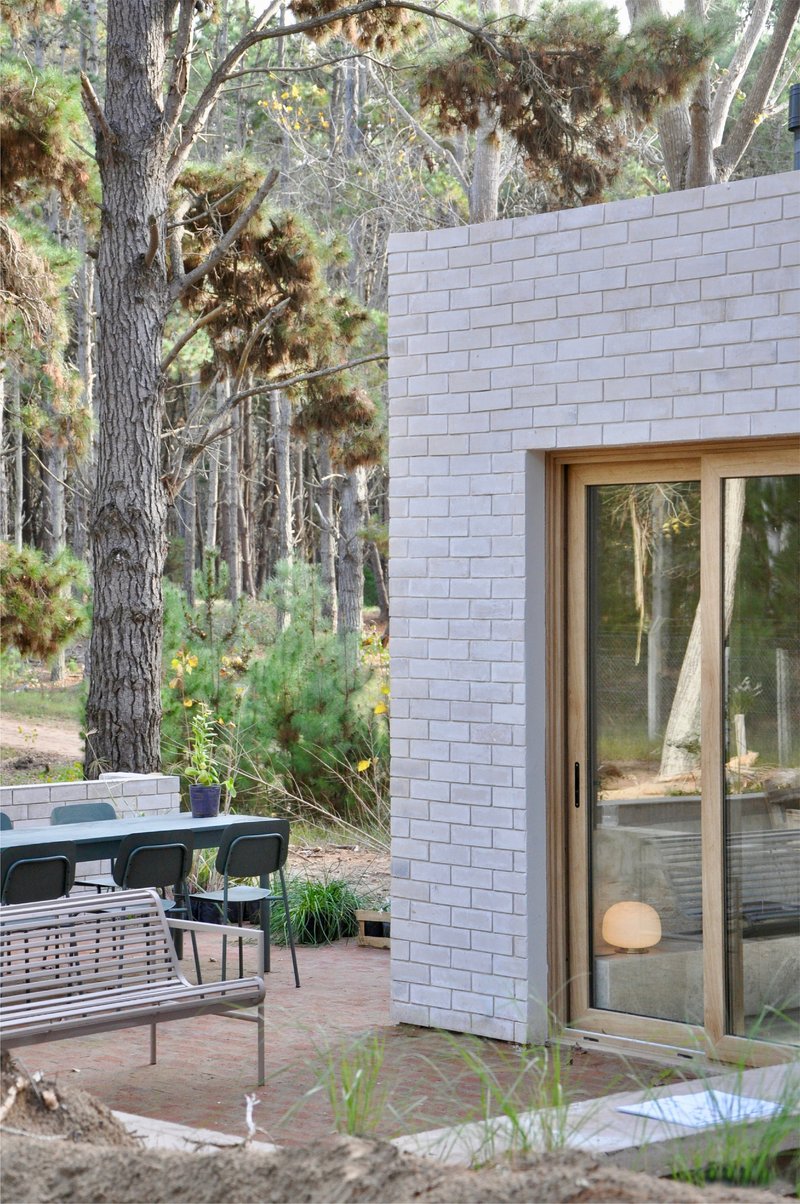 White brick facade with timber-framed glazed doors in a pine forest clearing