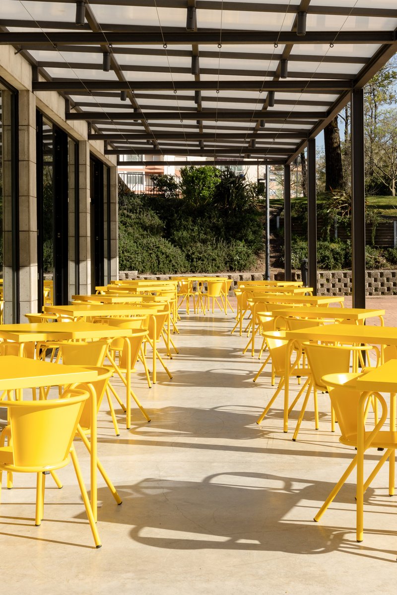 Covered terrace with steel frame pergola, yellow metal tables and chairs, and a vertical garden backdrop