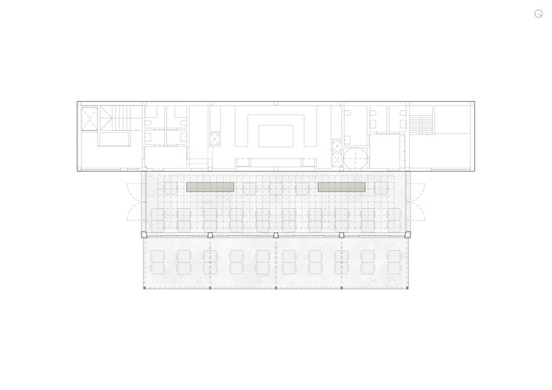 Floor plan drawing showing an elongated rectangular structure with a central colonnade and outdoor terrace