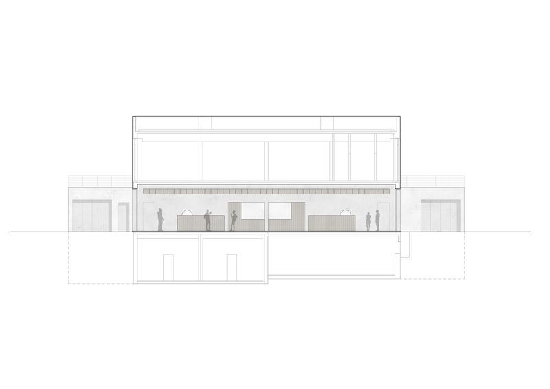 Section drawing revealing double-height interior space with colonnade and figures on multiple levels