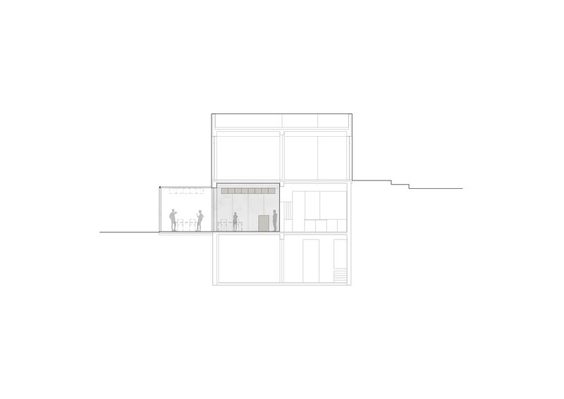 Section drawing showing three-story structure with terrace and figures seated at upper level