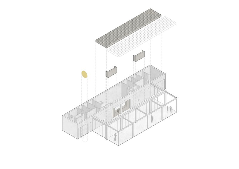 Axonometric drawing showing interior partitions, perforated roof panels, and a standing figure