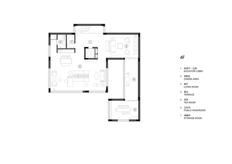 Floor plan drawing showing the fourth level with living room, cinema area, terrace, and tea room