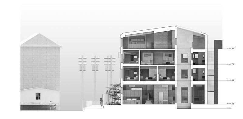 Sectional drawing showing the multi-story residence beside a neighboring gabled structure and a central courtyard tree