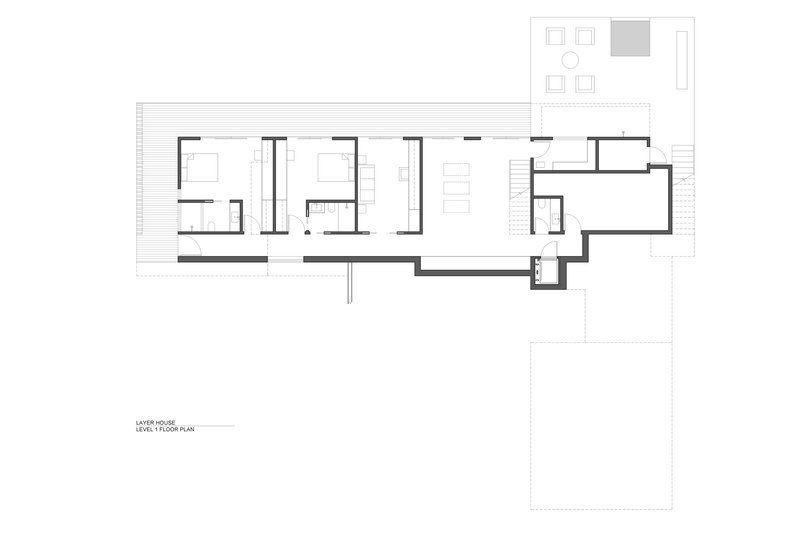 Floor plan drawing showing bedroom wing separated from main living spaces