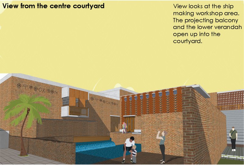 Centre courtyard view highlighting brick textures, verandahs, projecting balconies, and water features inspired by ancient settlement patterns.