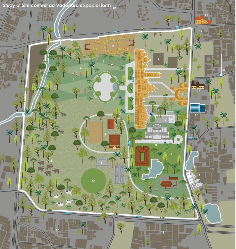 Site context mapping showing Vadodara’s spatial form, heritage landmarks, gardens, roads, and cultural connections around the project site.