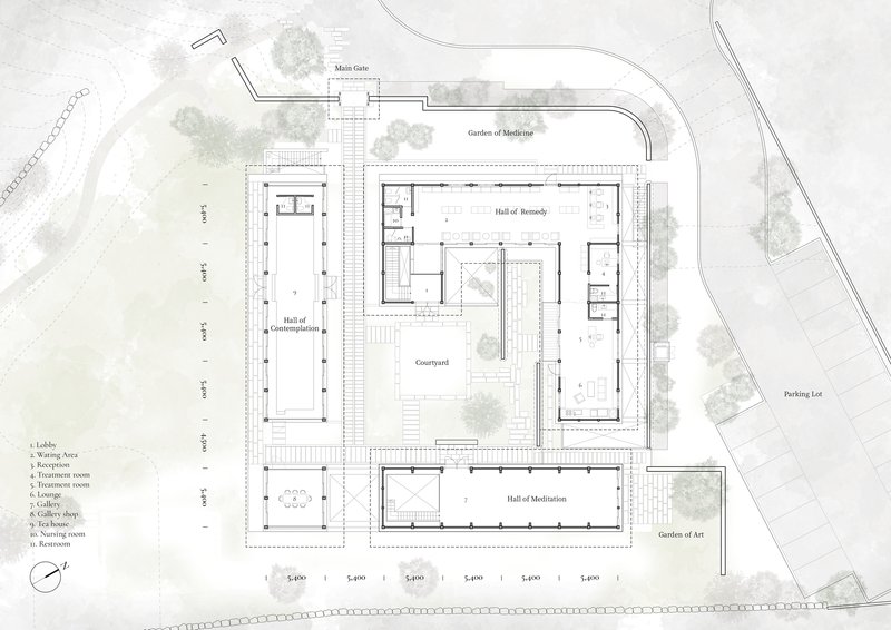 Floor plan drawing showing halls arranged around a central courtyard with gardens