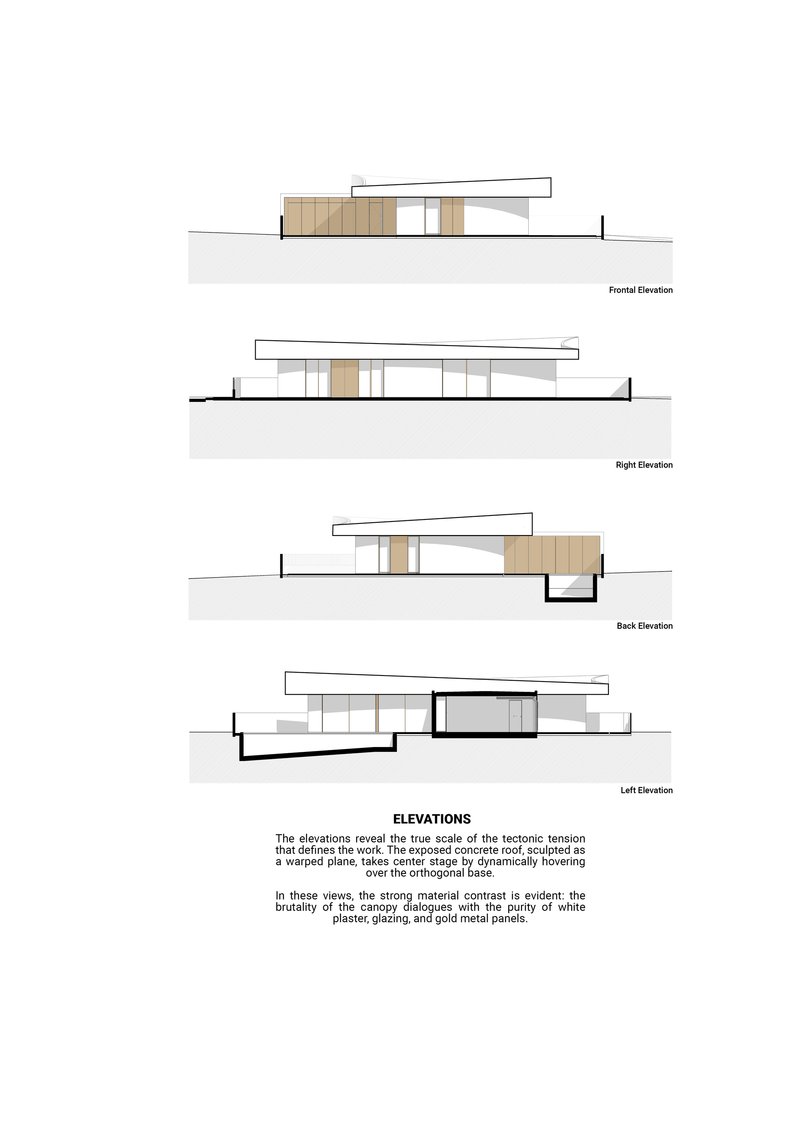 Elevation drawings showing four facades with exposed concrete roof and timber-clad volumes