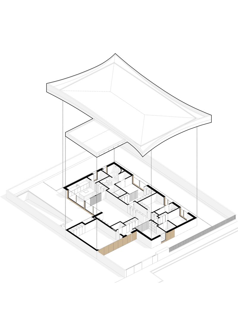 Exploded axonometric drawing showing the floor plan beneath the folded angular roof form