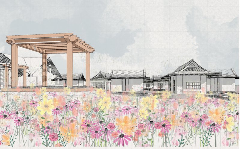 A flower-filled threshold introduces Mangata’s calm retreat, blending Japanese-inspired architecture with a sensory path toward meditation.