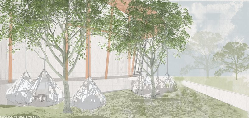 Hanging meditation pods create intimate spaces for solitude, reflection, and retreat within nature.