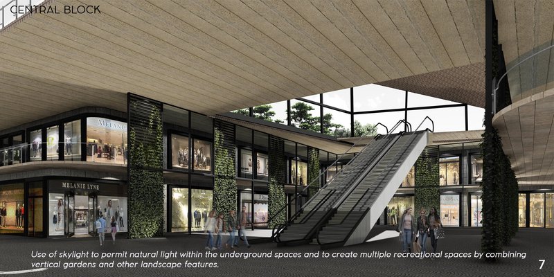 Central block with skylights, vertical gardens, and escalators connecting layered retail and recreational spaces.