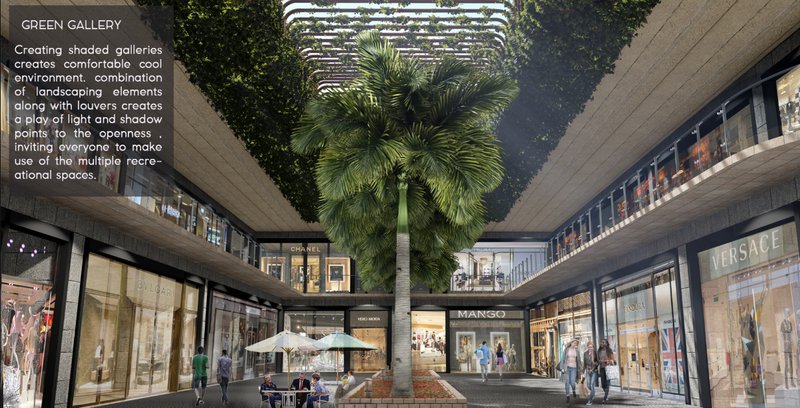 Green gallery creating a shaded retail courtyard through planting, filtered light, and open-air circulation.