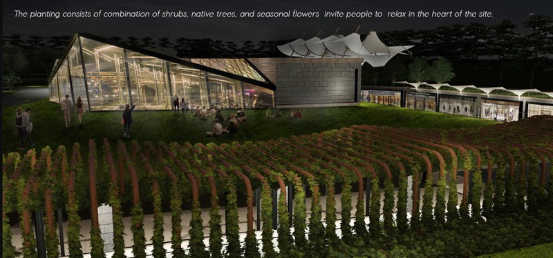 Rooftop landscape with native planting and shaded structures creating a relaxed social space above the retail complex.