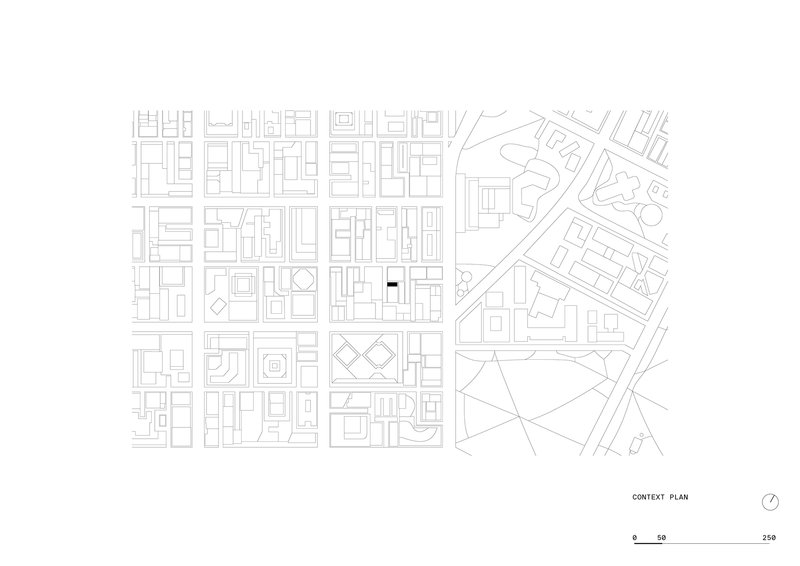 Context plan drawing showing an urban block with the project site marked centrally