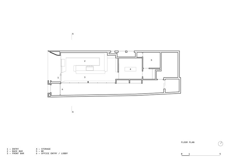 Floor plan drawing showing entry, front and back bar areas, storage, and office spaces