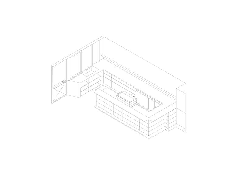 Axonometric drawing of a compact interior with built-in kitchen cabinetry and glazed wall