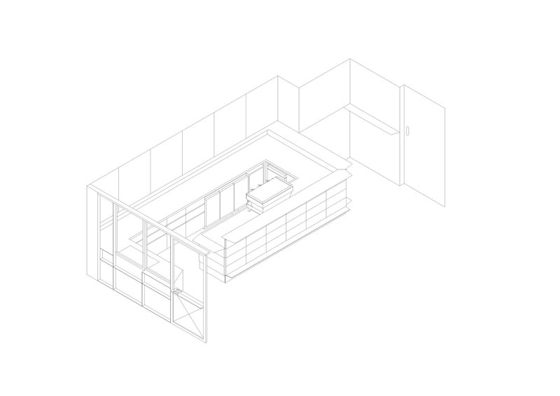 Axonometric drawing showing the interior layout with sliding glass doors and continuous counter