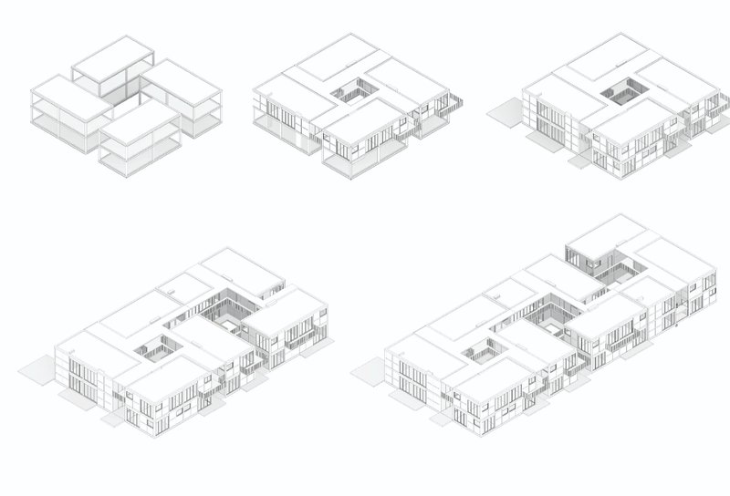 Axonometric study showing how Reborn’s residential modules can expand, connect, and adapt to different urban conditions.