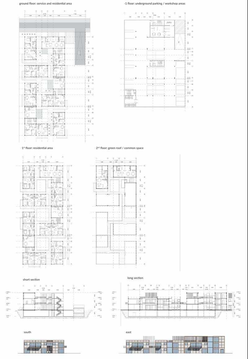 Technical drawings showing Reborn’s floor plans, sections, and elevations for a flexible residential and service housing unit.
